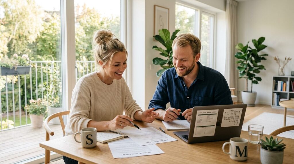 Candid photograph of a sophisticated couple reviewing vendor