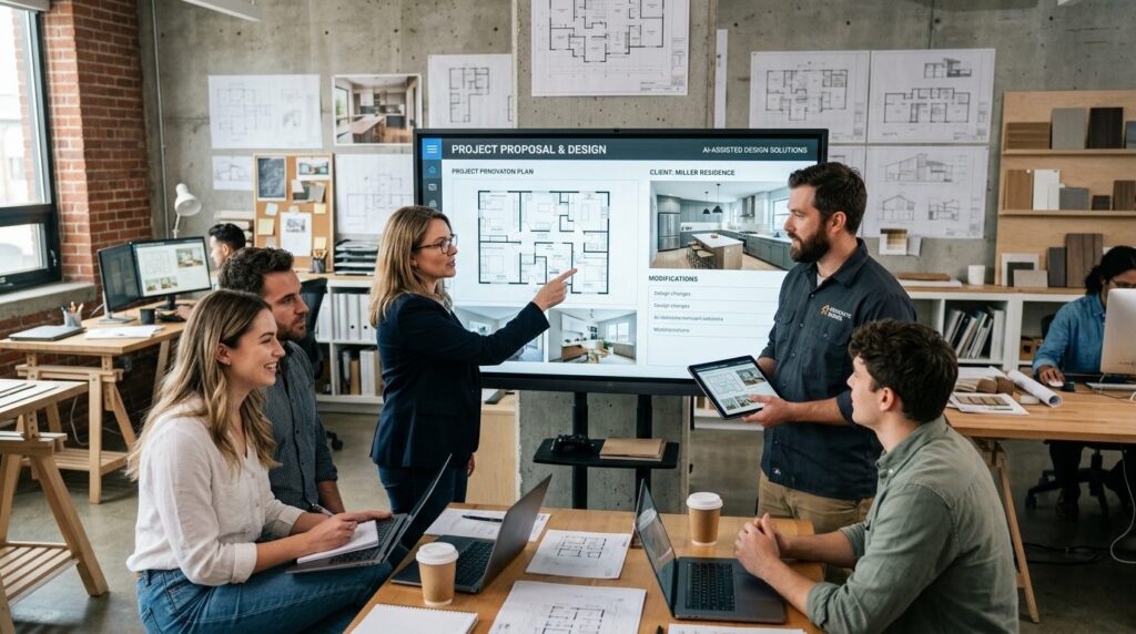 A home renovation team gathered around reviewing digital pro