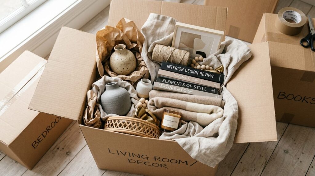 Close-up detail shot of carefully packed moving boxes with d