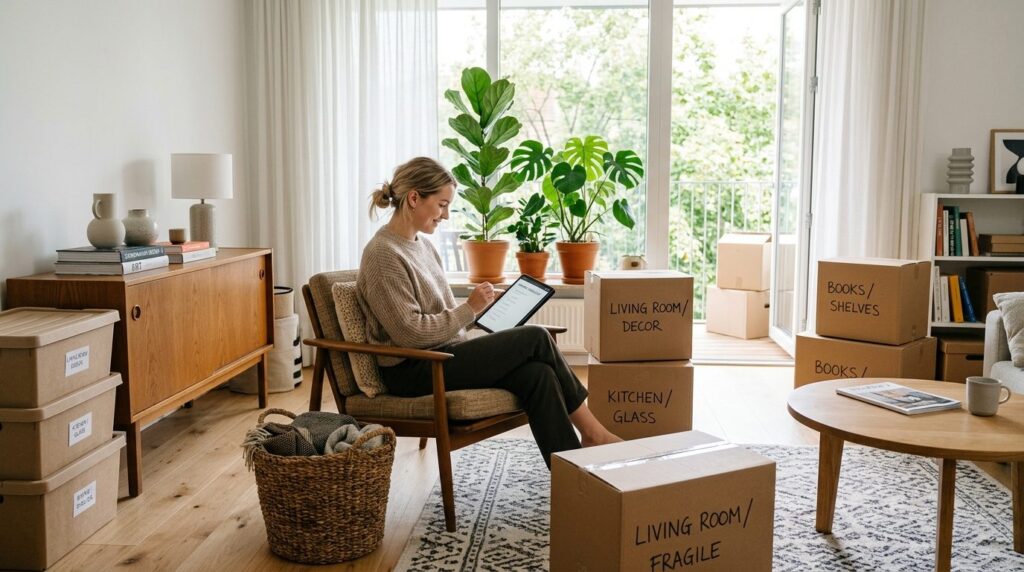 Modern Scandinavian living room during moving transition: vi