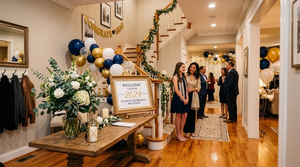 Interior home styling detail of elegant entryway prepared fo