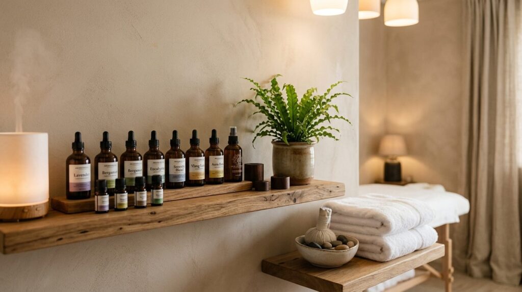 Close-up of professional spa treatment room corner showing e