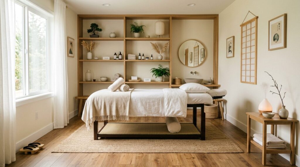Bright professional home wellness treatment room with Japane