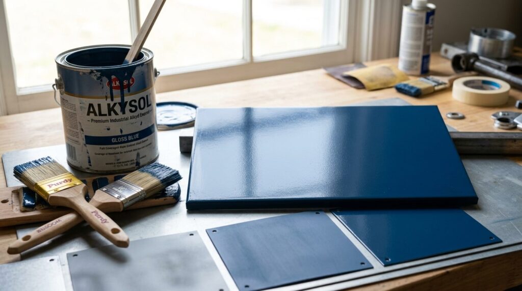 Close-up detail shot of freshly painted metal surface with a