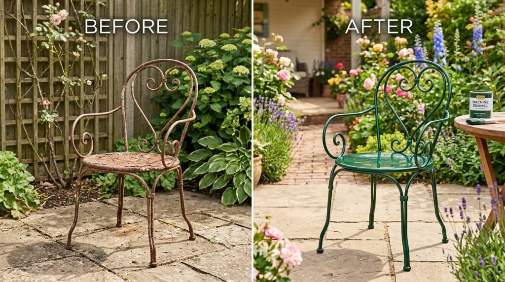 Before and after style composition showing a weathered metal