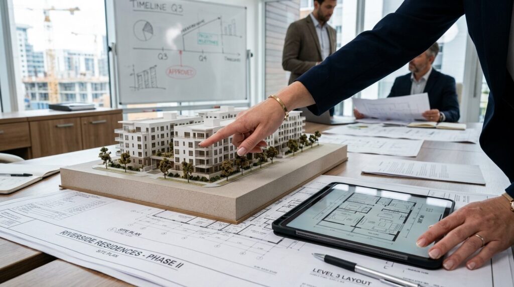 Close-up of a womans hand pointing at a construction site m