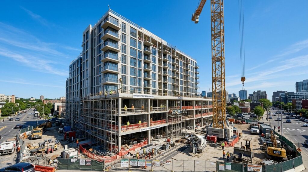 Construction site of a modern residential apartment building
