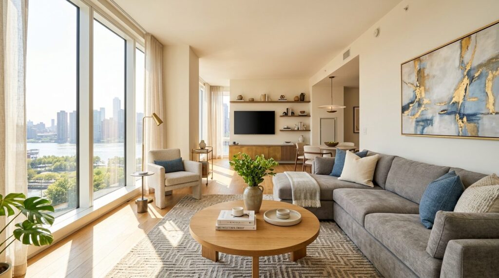 Photorealistic image of an attractive modern apartment livin