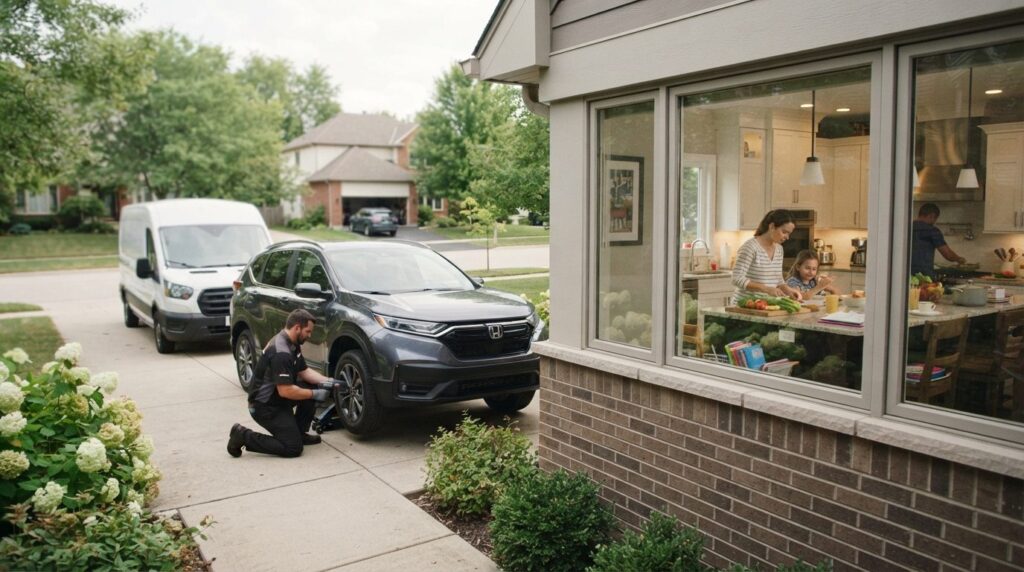 Photorealistic image of busy family in home kitchen visible