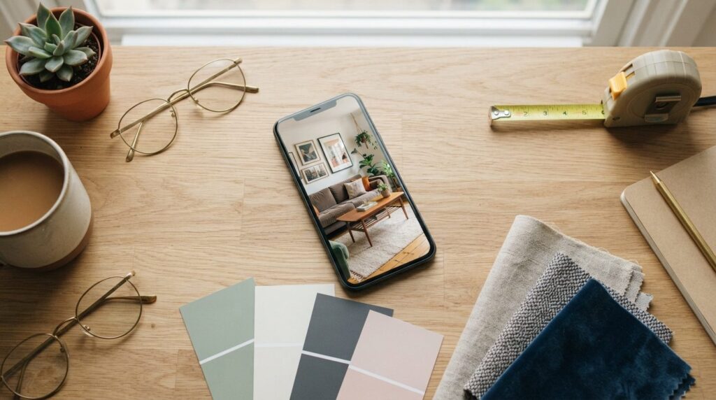 Overhead flat lay shot of a smartphone displaying a home int
