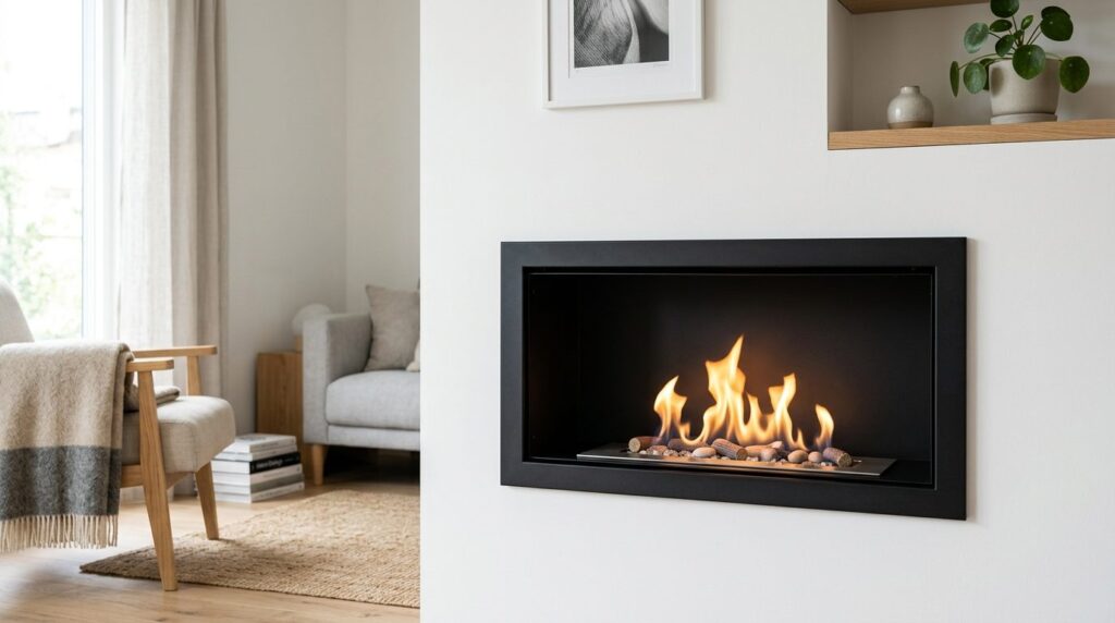 Detailed close-up of a stylish modern bio fireplace insert m