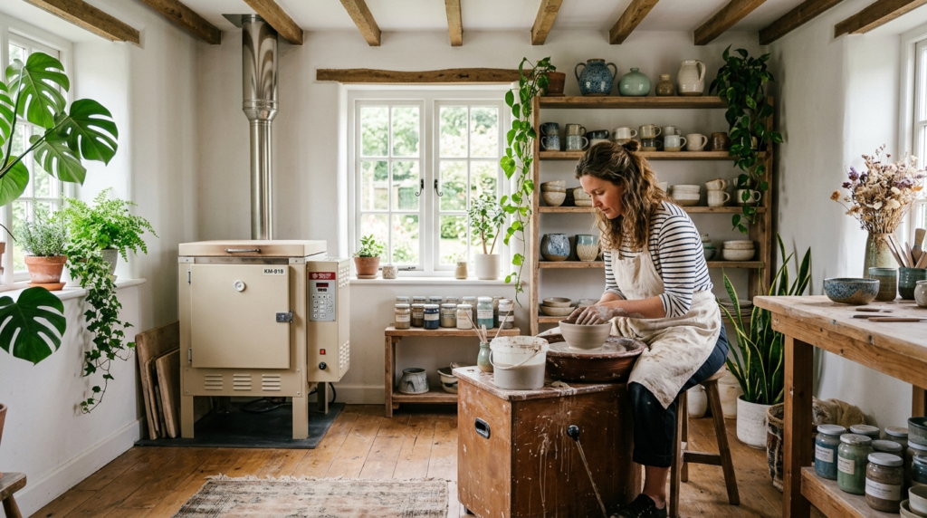 Serene slow-living home interior scene showing a ceramic kil