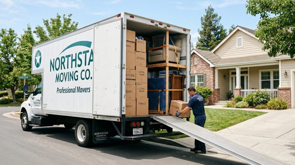 Close-up photorealistic image of a professional moving truck