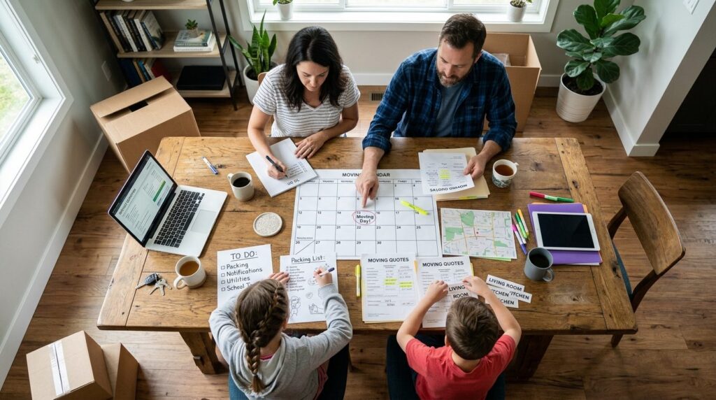 Overhead view of a family planning their home move, seated a