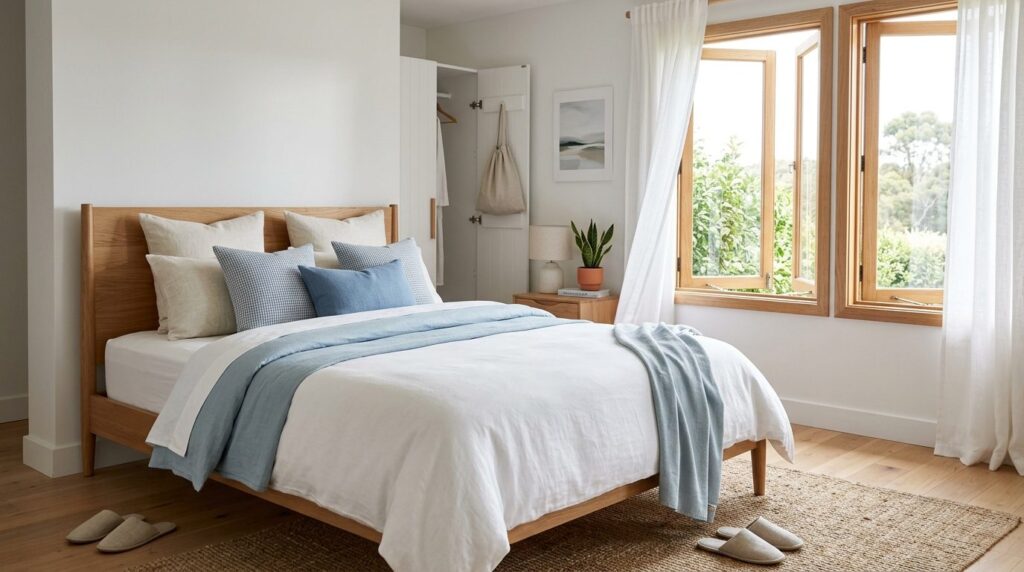Serene bedroom interior photograph featuring a neatly made b