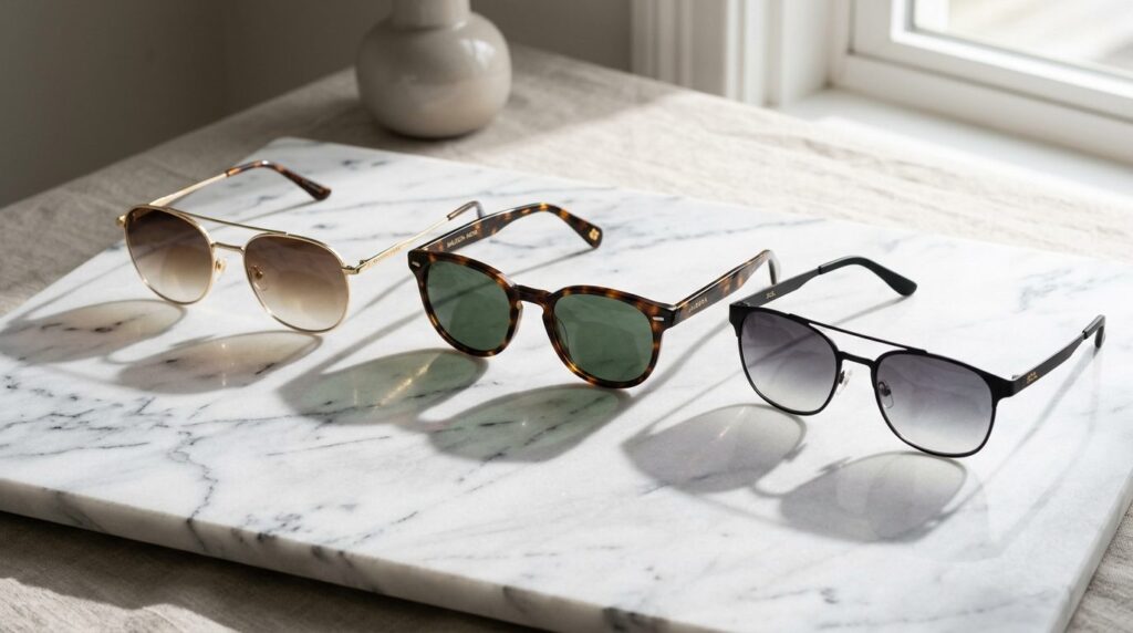Close-up product photography of luxury sunglasses collection