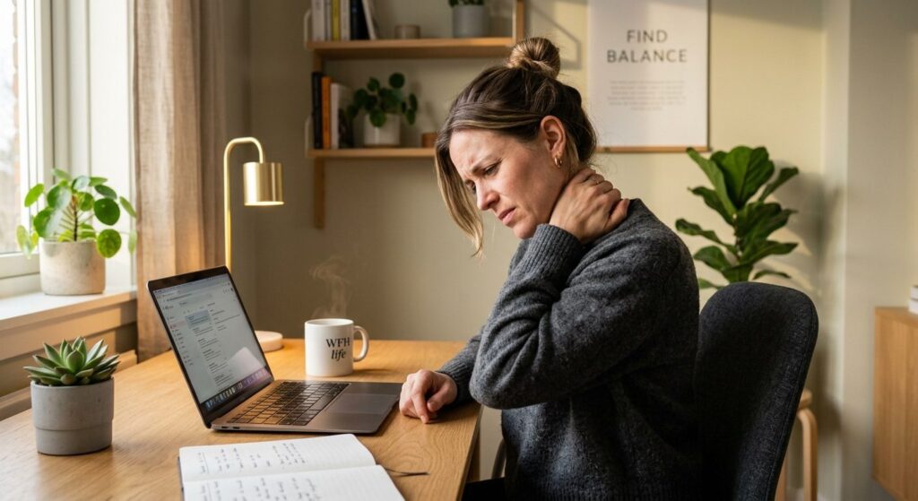 Close-up of a woman sitting at a modern, minimalist home wor
