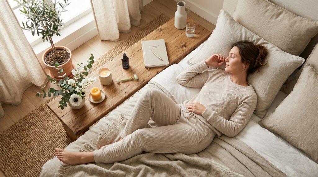 An overhead view of a wellness-conscious home sanctuary: a w