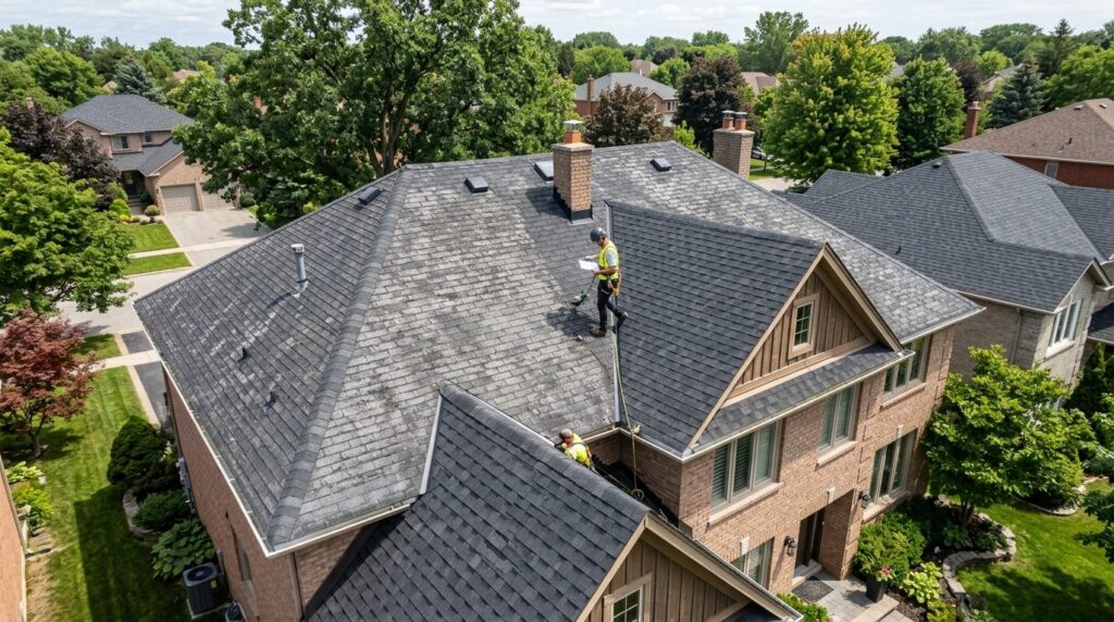 Overhead aerial view of a complete residential roof during i