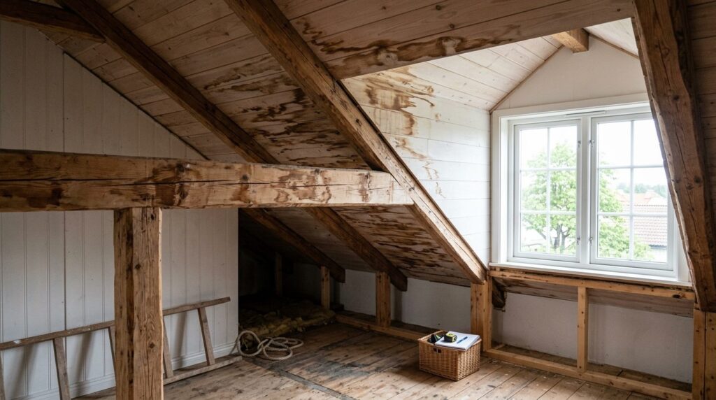 Interior attic space with visible water damage stains on woo