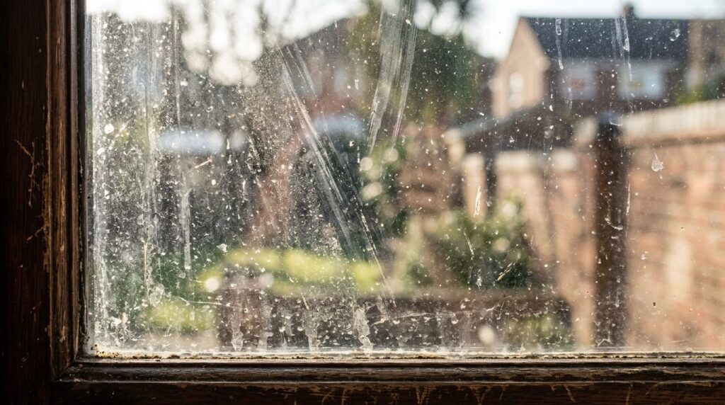 Close-up detailed photograph of a window pane with visible l