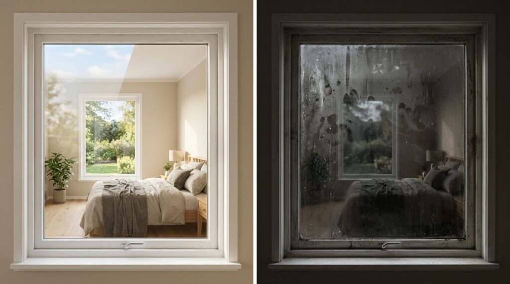 Before-and-after split-screen style photograph: Left side sh