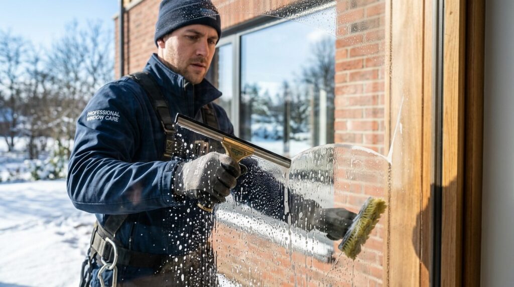 Close-up photorealistic shot of a professional window cleane