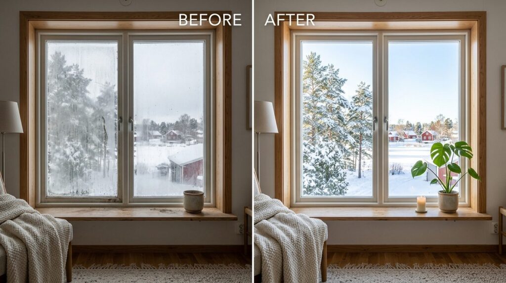 Photorealistic before-and-after split-screen comparison of a