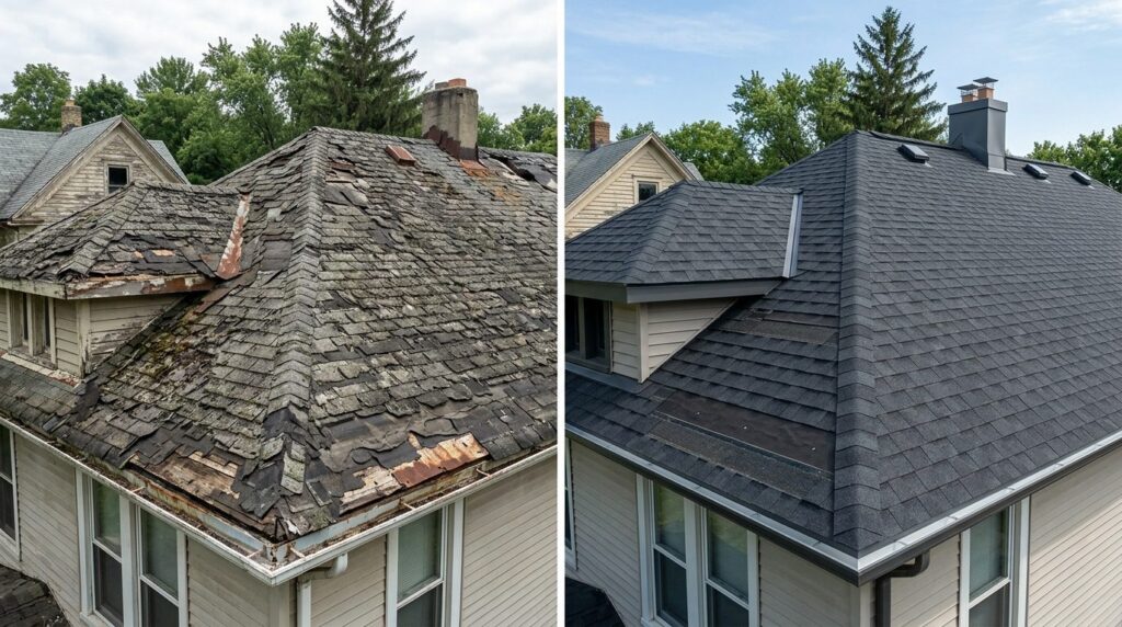 Split-screen comparison showing deteriorated old roof with v