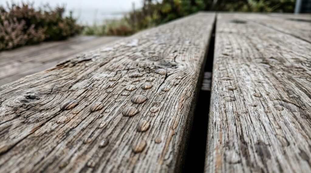 Close-up detail shot of premium wooden deck boards showing n