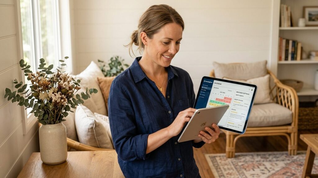 Close-up of a host checking a digital tablet while standing