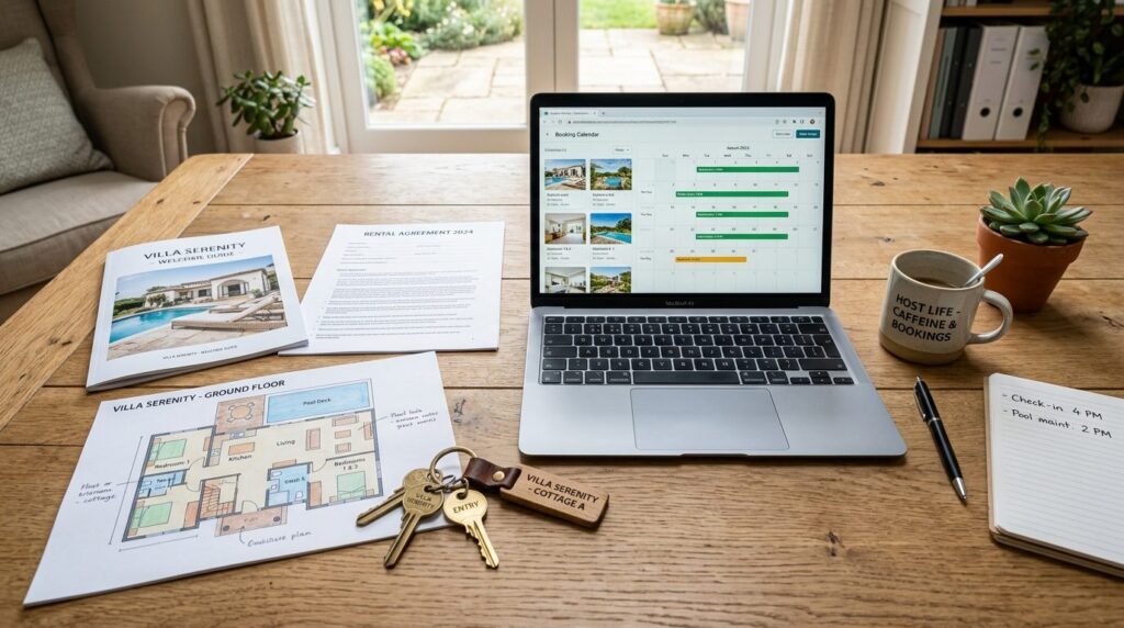 Overhead shot of a vacation rental property owners workspac